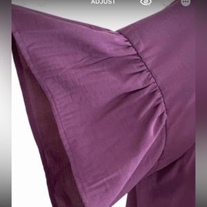 NWT Ann Taylor LOFT Dark Purple Short Sleeve Blouse Gathered Neckline Back Bow M